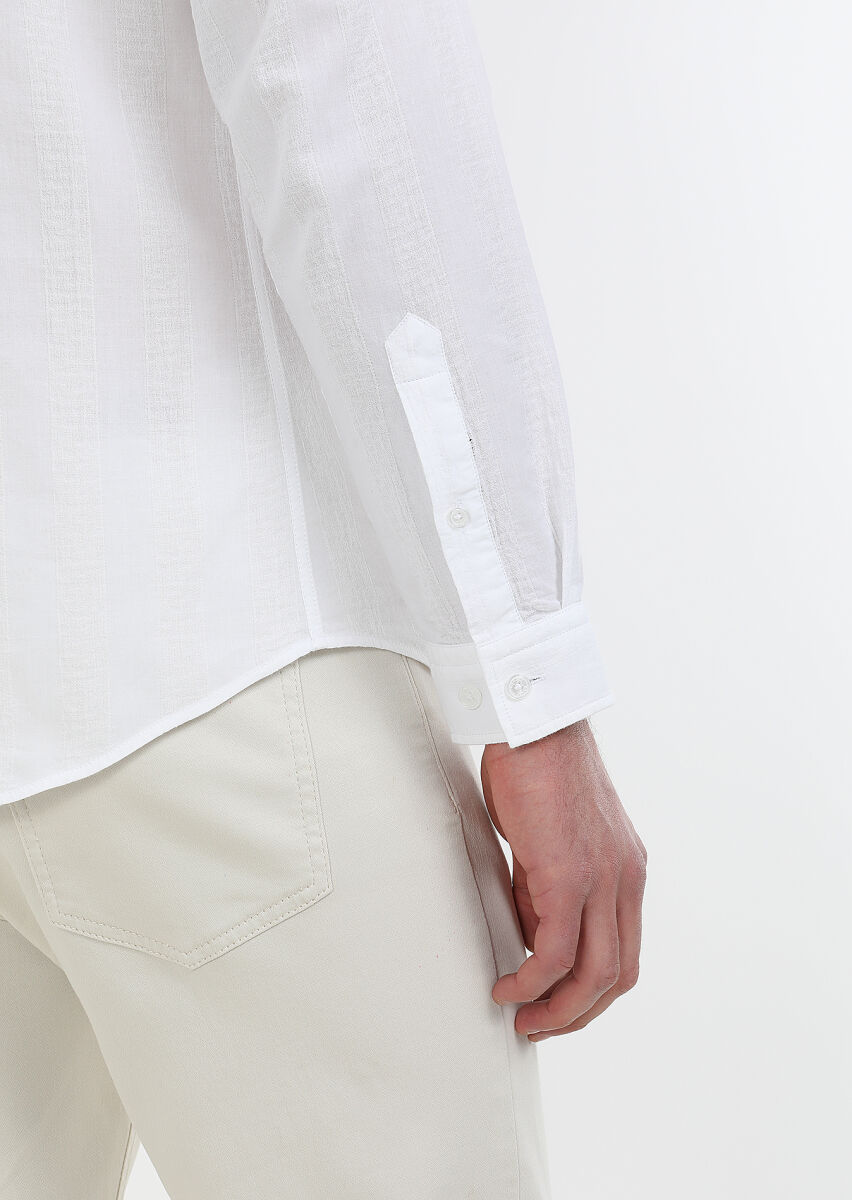 Beyaz Çizgili Slim Fit Uzun Dokuma Casual %100 Pamuk Gömlek - 5