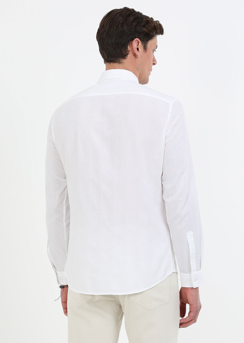 Beyaz Çizgili Slim Fit Uzun Dokuma Casual %100 Pamuk Gömlek - 6