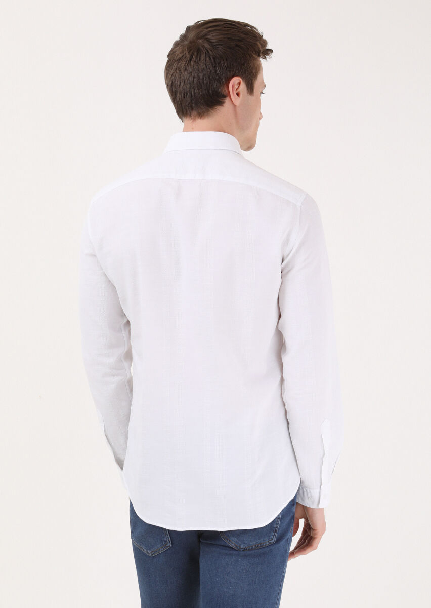 Beyaz Çizgili Slim Fit Uzun Dokuma Casual %100 Pamuk Gömlek - 3
