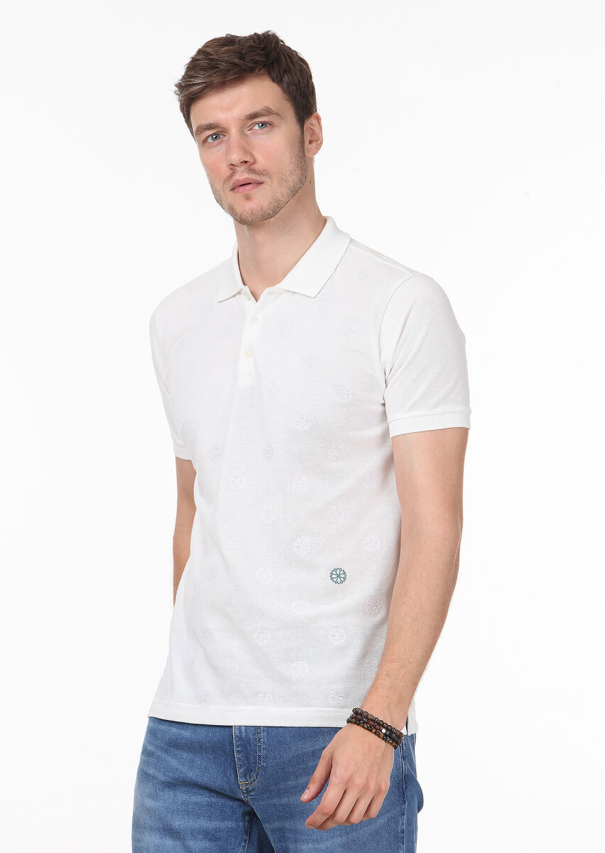 Beyaz Desenli Polo Yaka %100 Pamuk T-Shirt - 1