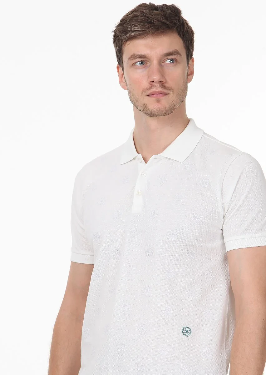 Beyaz Desenli Polo Yaka %100 Pamuk T-Shirt - 2