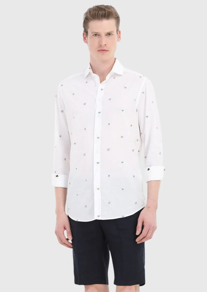Beyaz Desenli Regular Fit Dokuma Casual Pamuk Karışımlı Gömlek - 2