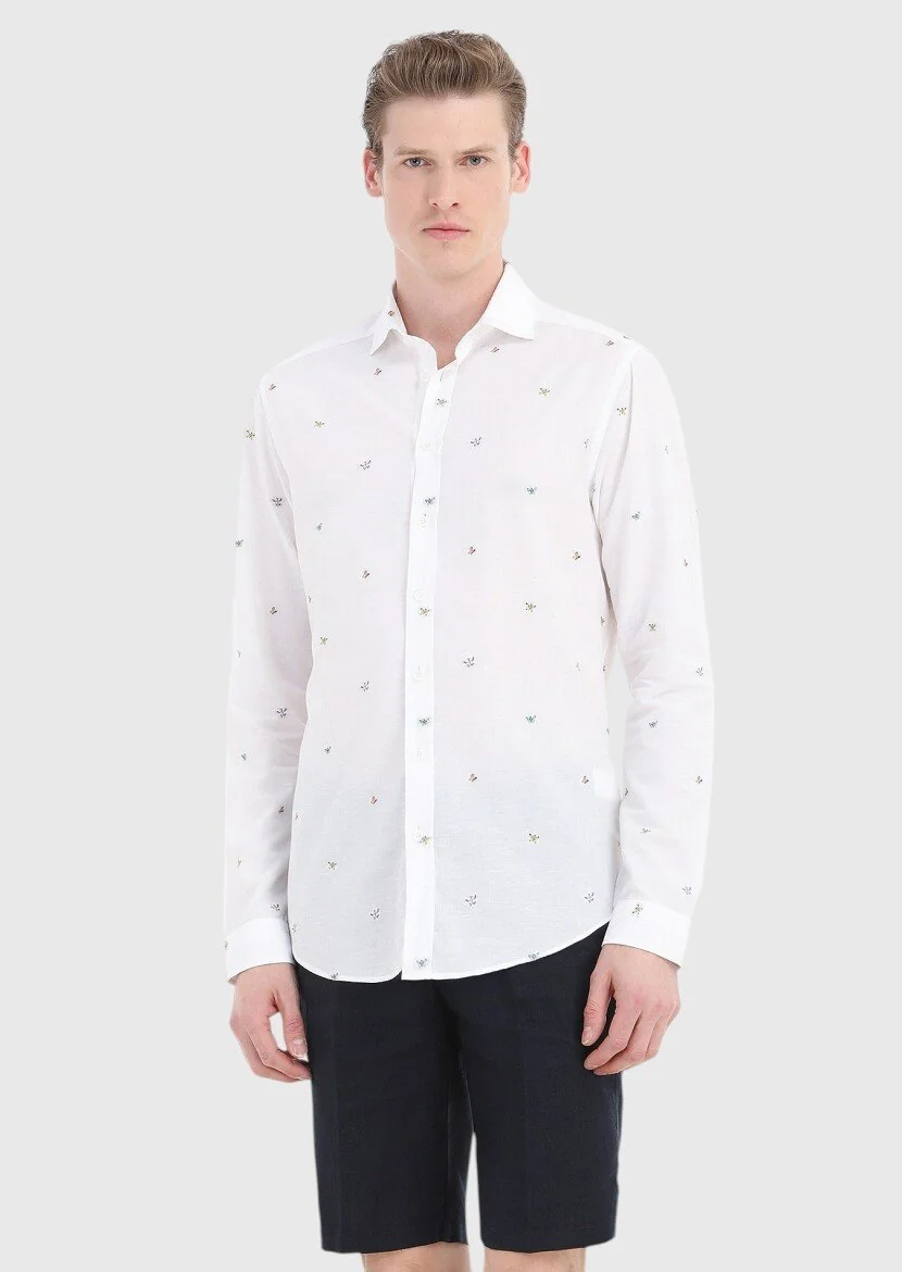 Beyaz Desenli Regular Fit Dokuma Casual Pamuk Karışımlı Gömlek - 3
