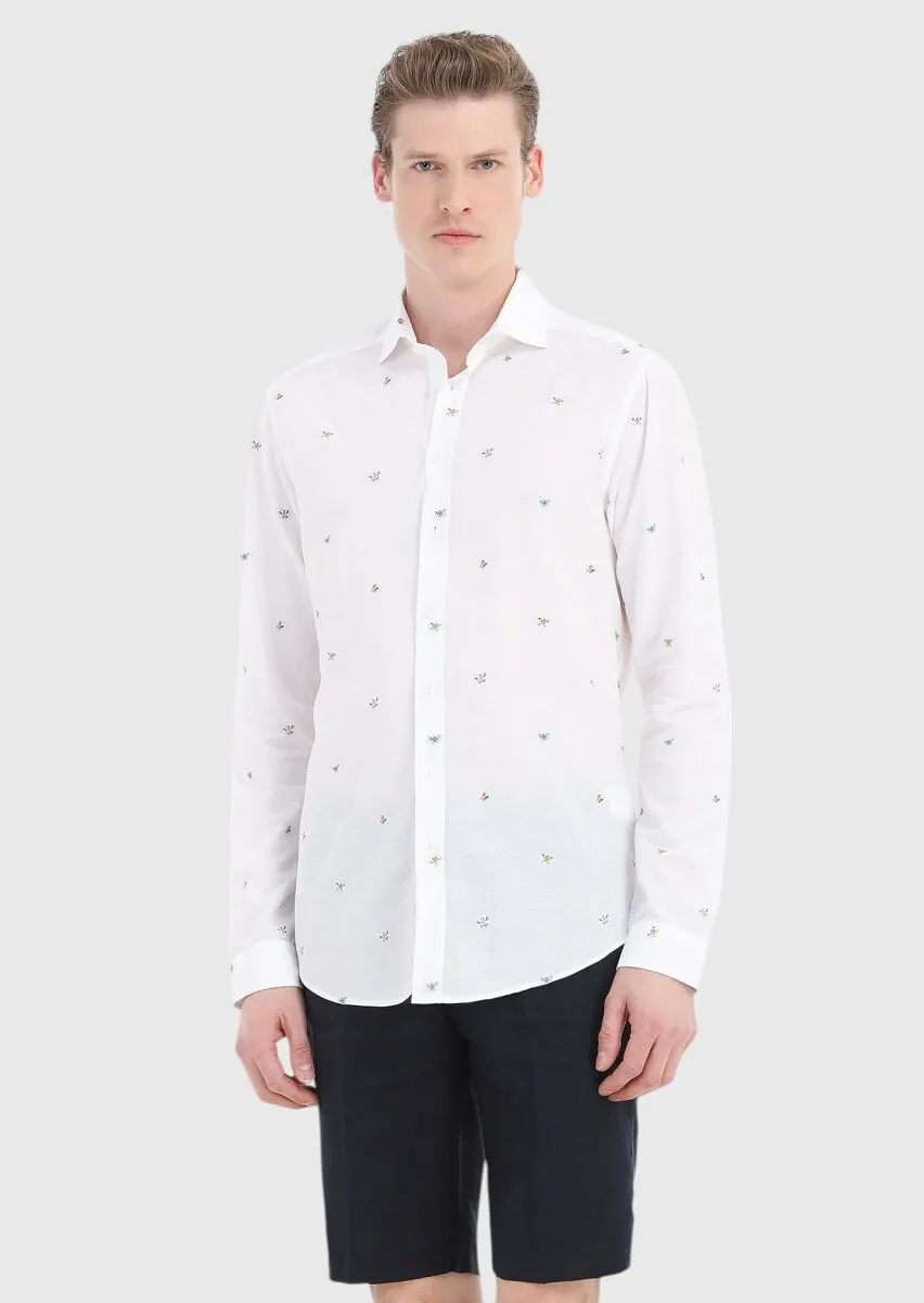 Beyaz Desenli Regular Fit Dokuma Casual Pamuk Karışımlı Gömlek - 3