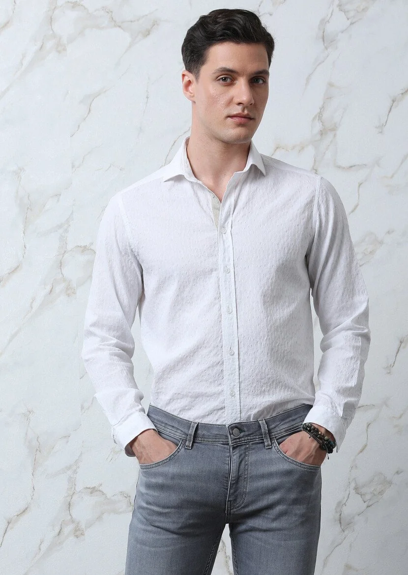 Beyaz Desenli Regular Fit Dokuma Casual Pamuk Karışımlı Gömlek - 2