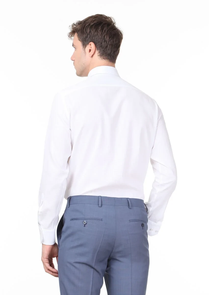 Beyaz Desenli Regular Fit Dokuma Klasik %100 Pamuk Gömlek - 4