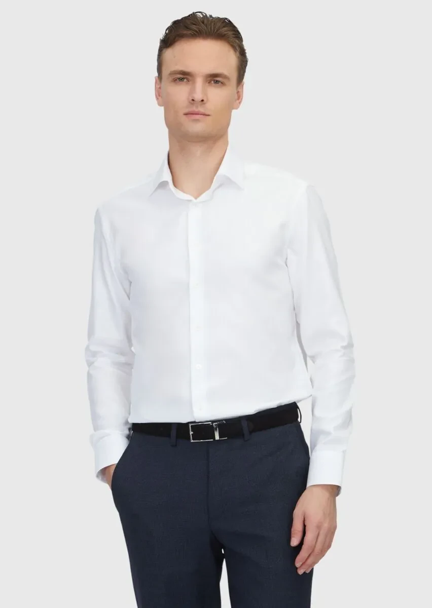 Beyaz Desenli Regular Fit Dokuma Klasik %100 Pamuk Gömlek - 1