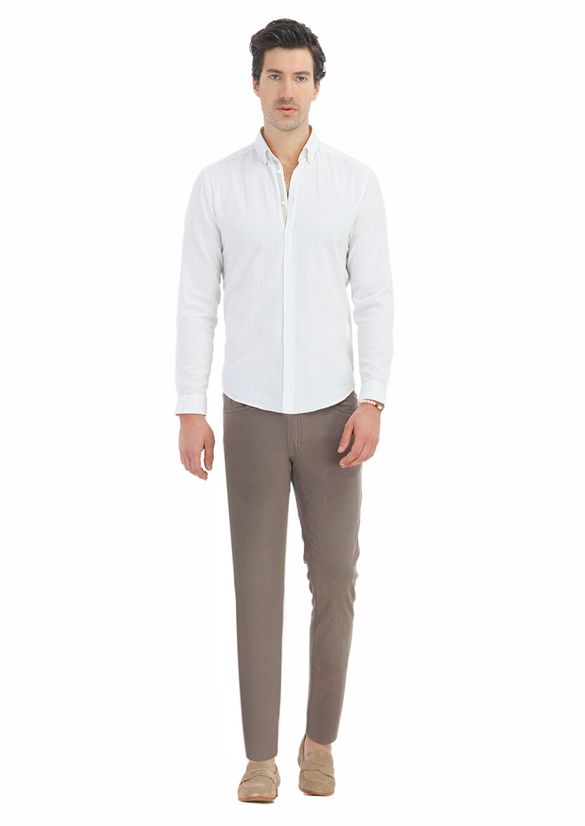 Beyaz Desenli Regular Fit Uzun Dokuma Casual %100 Pamuk Gömlek - RAMSEY