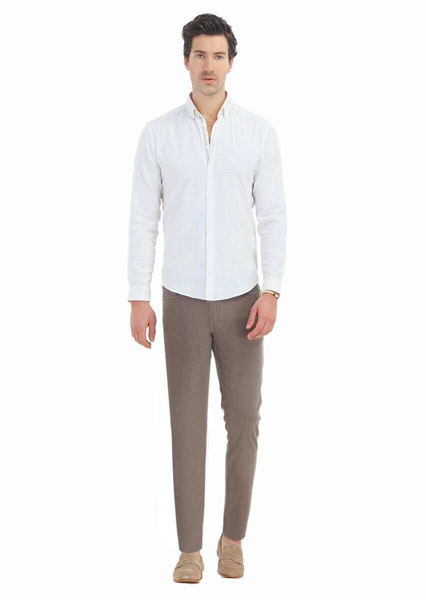 Beyaz Desenli Regular Fit Uzun Dokuma Casual %100 Pamuk Gömlek - 1