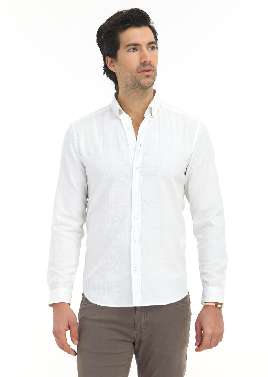 Beyaz Desenli Regular Fit Uzun Dokuma Casual %100 Pamuk Gömlek - 2