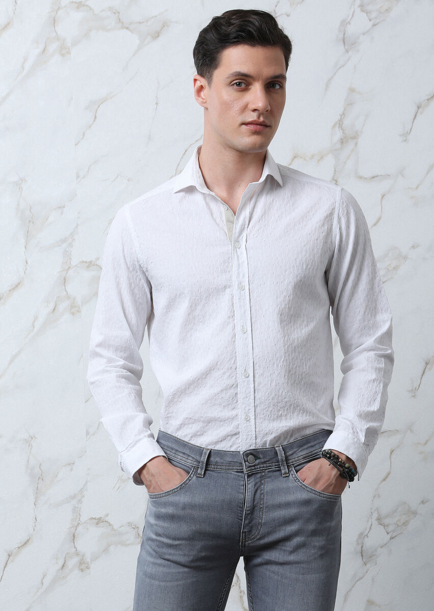 Beyaz Desenli Regular Fit Uzun Dokuma Casual Pamuk Karışımlı Gömlek - 2
