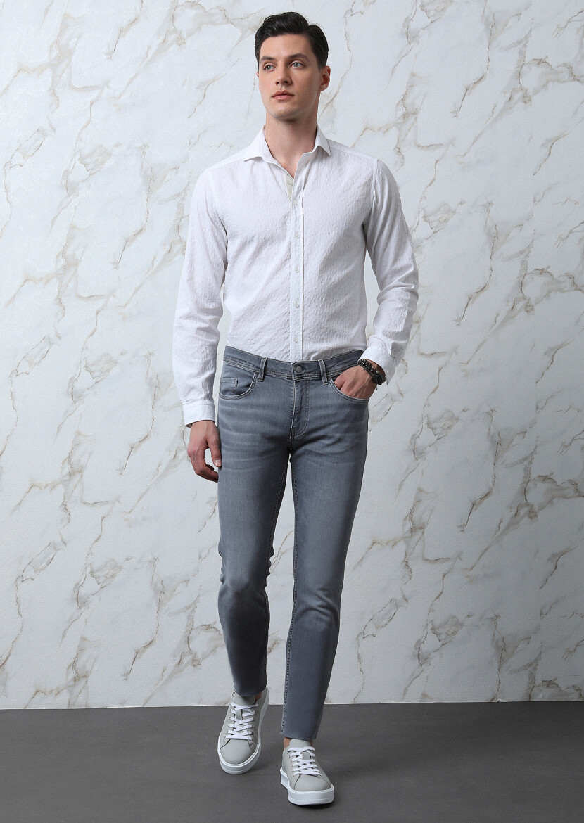 Beyaz Desenli Regular Fit Uzun Dokuma Casual Pamuk Karışımlı Gömlek - 3