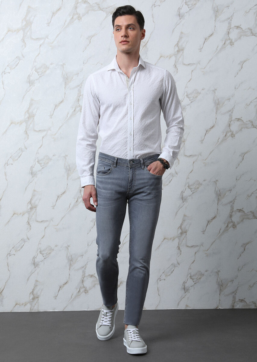 Beyaz Desenli Regular Fit Uzun Dokuma Casual Pamuk Karışımlı Gömlek - 3