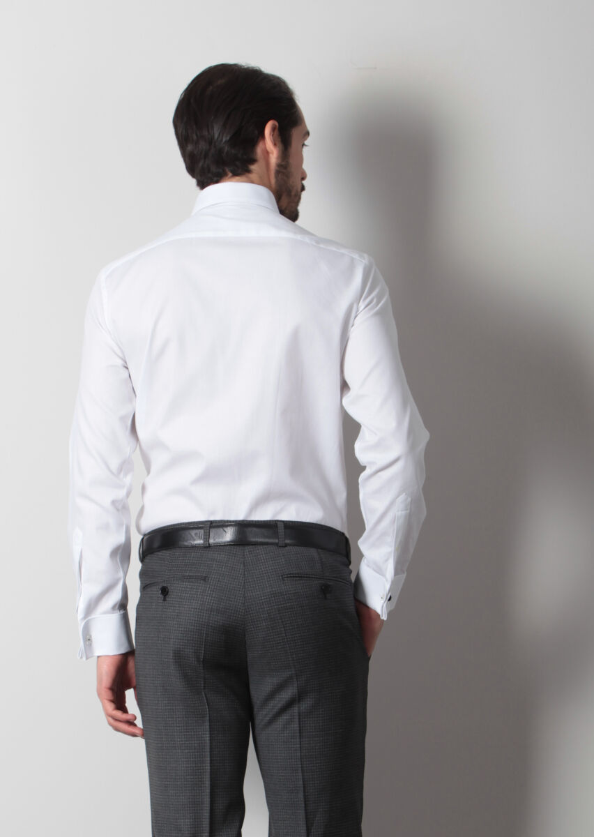 Beyaz Desenli Regular Fit Uzun Dokuma Klasik %100 Pamuk Gömlek - 4