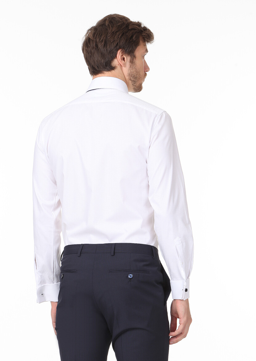 Beyaz Desenli Regular Fit Uzun Dokuma Klasik %100 Pamuk Gömlek - 4