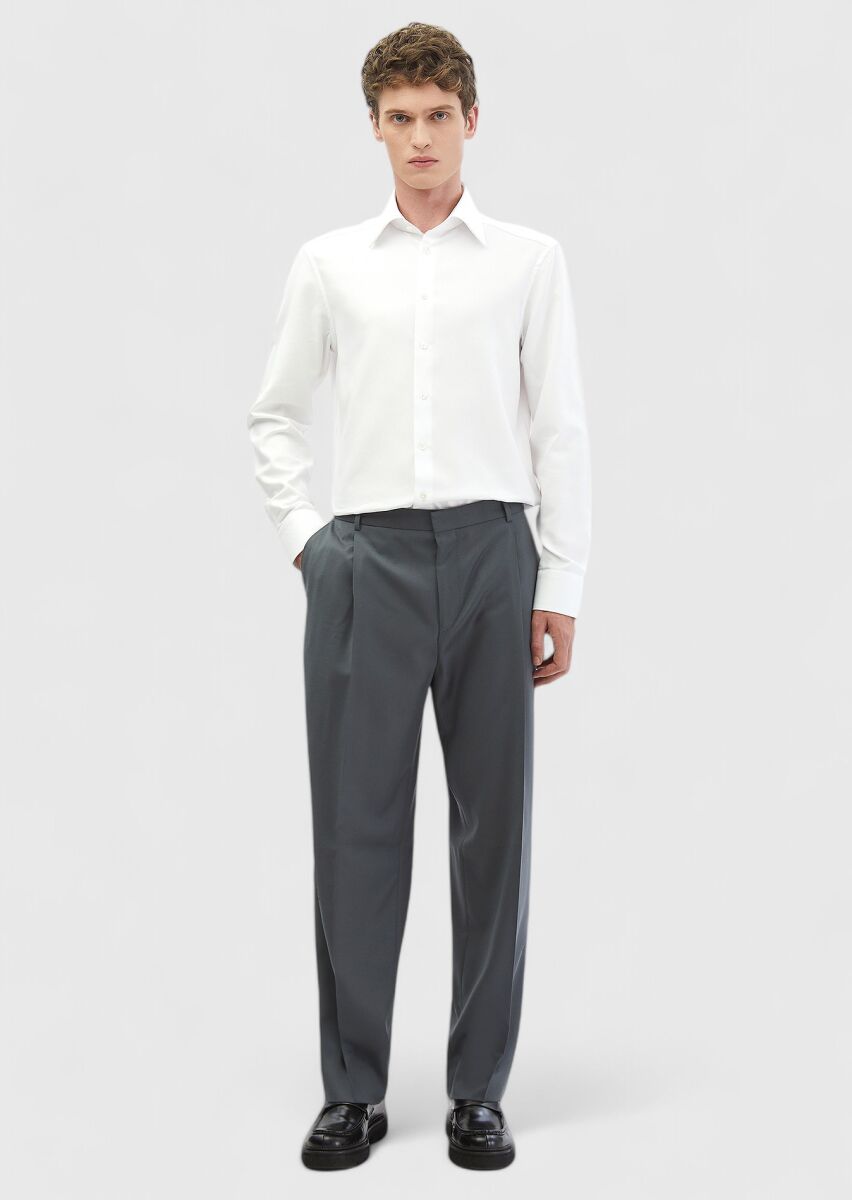 Beyaz Desenli Regular Fit Uzun Dokuma Klasik %100 Pamuk Gömlek - 2