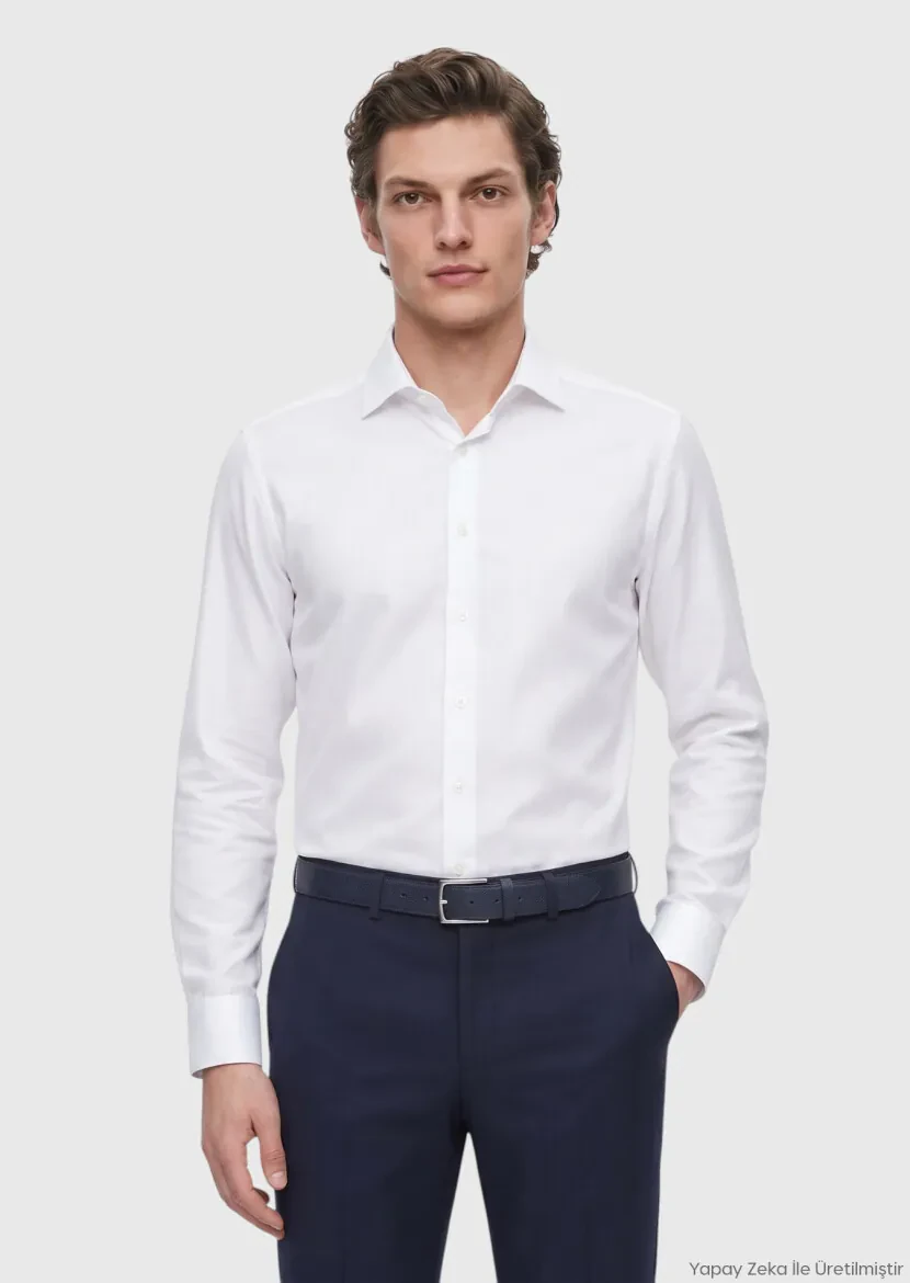 Beyaz Desenli Regular Fit Uzun Dokuma Klasik %100 Pamuk Gömlek - RAMSEY