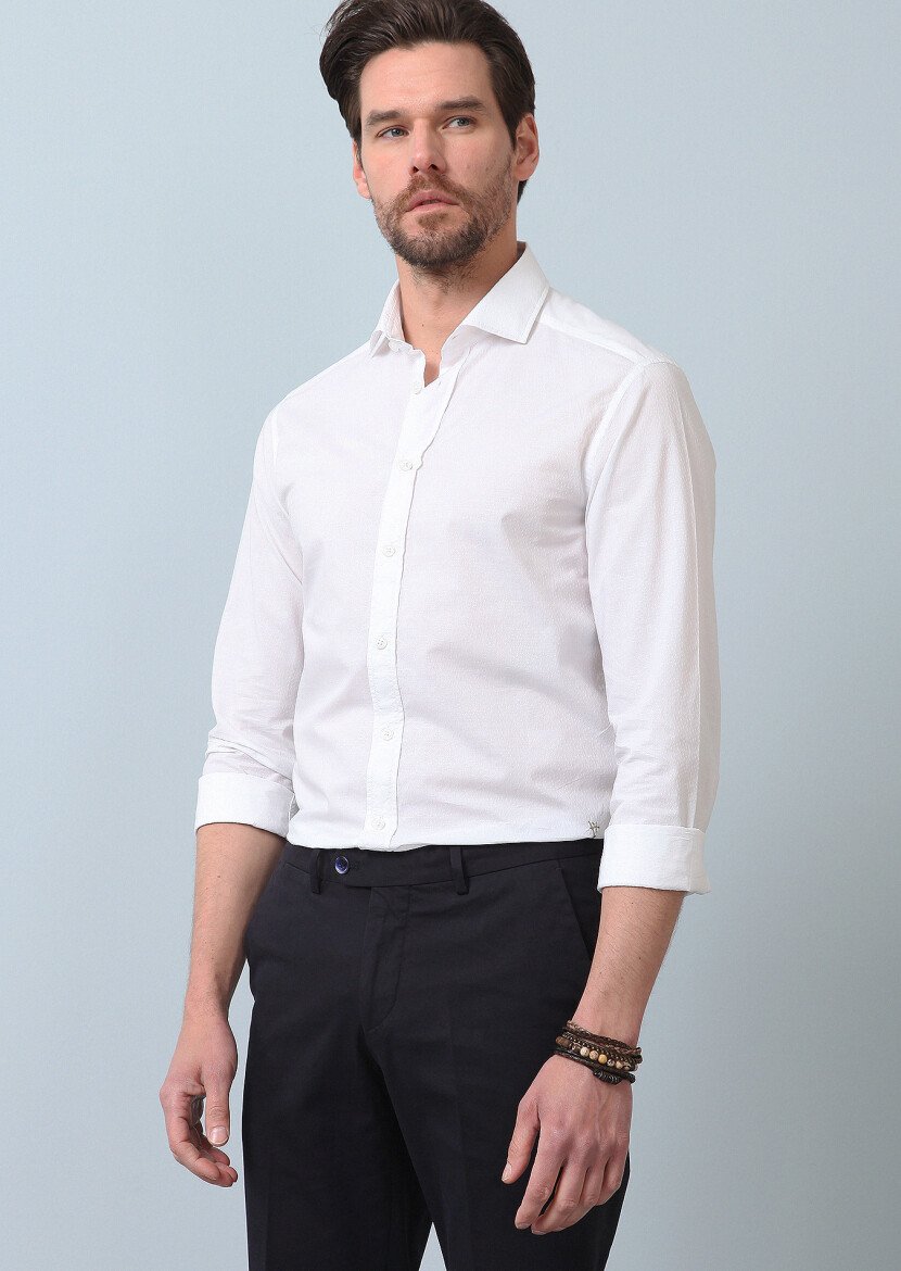 Beyaz Desenli Slim Fit Dokuma Casual Pamuk Karışımlı Gömlek 