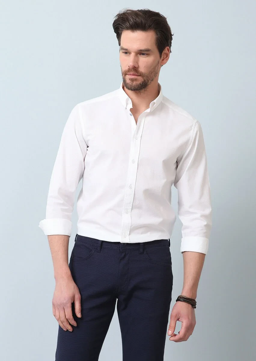 Beyaz Desenli Slim Fit Dokuma Casual Pamuk Karışımlı Gömlek - 2