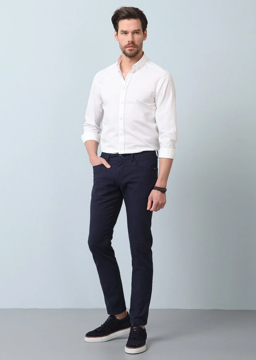 Beyaz Desenli Slim Fit Dokuma Casual Pamuk Karışımlı Gömlek - 3