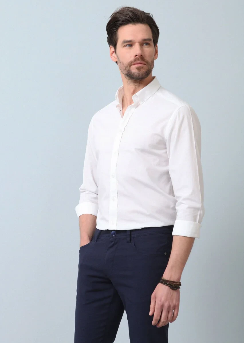 Beyaz Desenli Slim Fit Dokuma Casual Pamuk Karışımlı Gömlek - 4