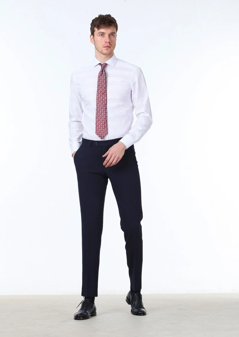 Beyaz Desenli Slim Fit Dokuma Klasik %100 Pamuk Gömlek - 2