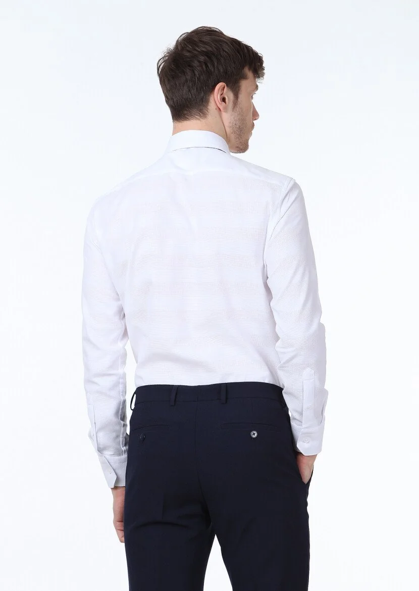 Beyaz Desenli Slim Fit Dokuma Klasik %100 Pamuk Gömlek - 4