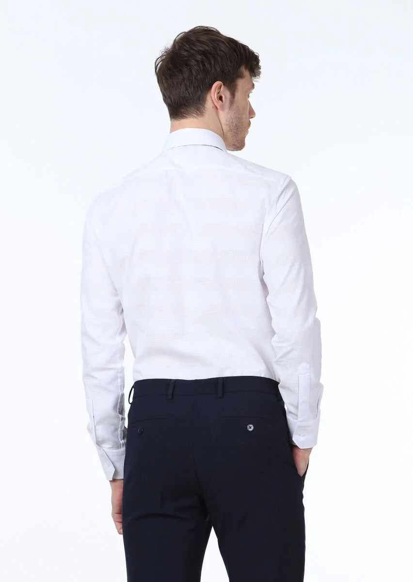 Beyaz Desenli Slim Fit Dokuma Klasik %100 Pamuk Gömlek - 4