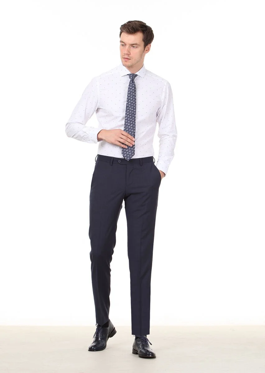 Beyaz Desenli Slim Fit Dokuma Klasik %100 Pamuk Gömlek - 3