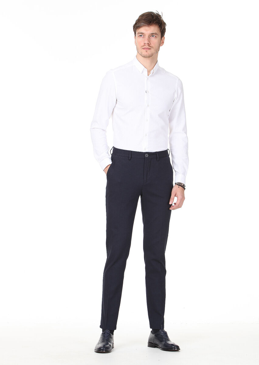 Beyaz Desenli Slim Fit Uzun Dokuma Casual %100 Pamuk Gömlek - 1