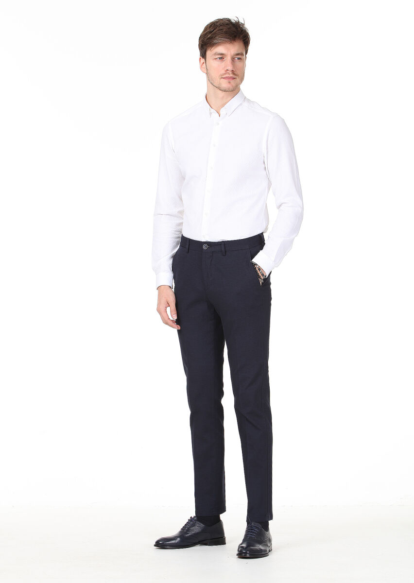 Beyaz Desenli Slim Fit Uzun Dokuma Casual %100 Pamuk Gömlek - 2
