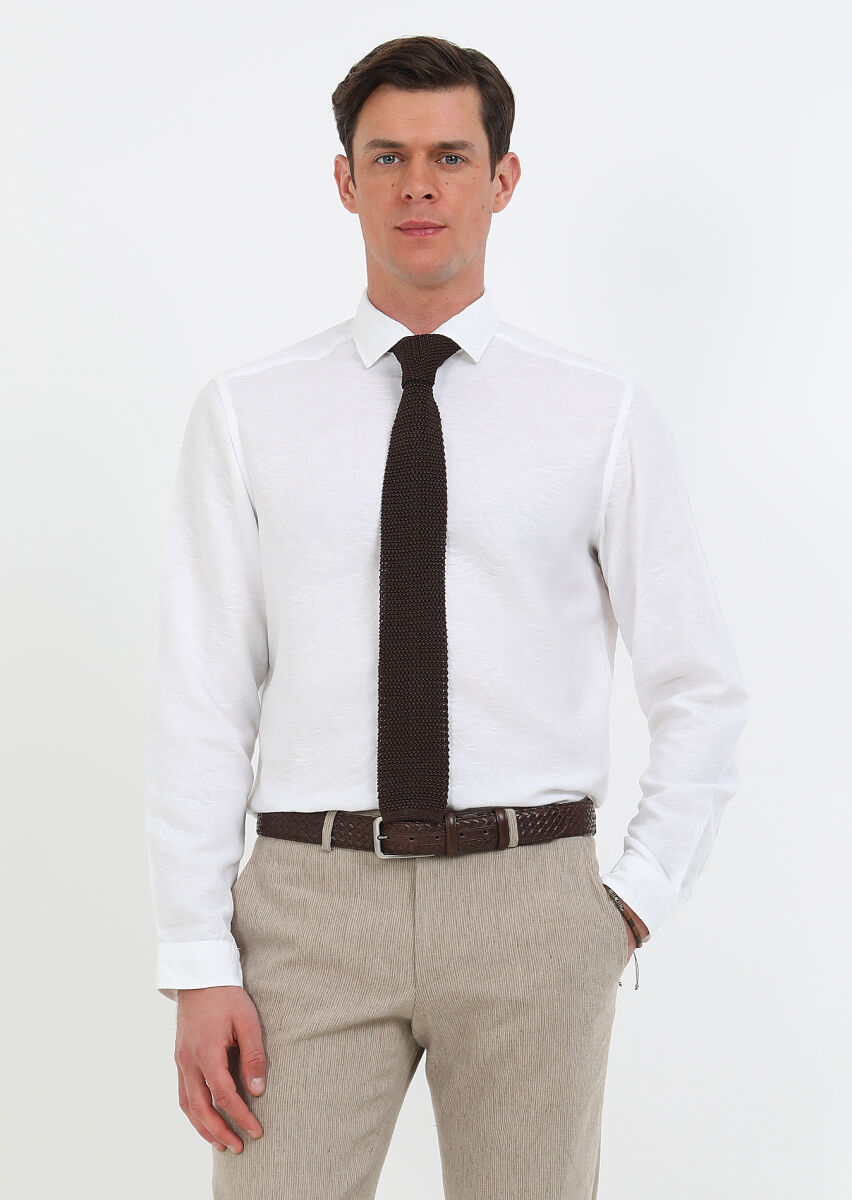 Beyaz Desenli Slim Fit Uzun Dokuma Casual Pamuk Karışımlı Gömlek - 2