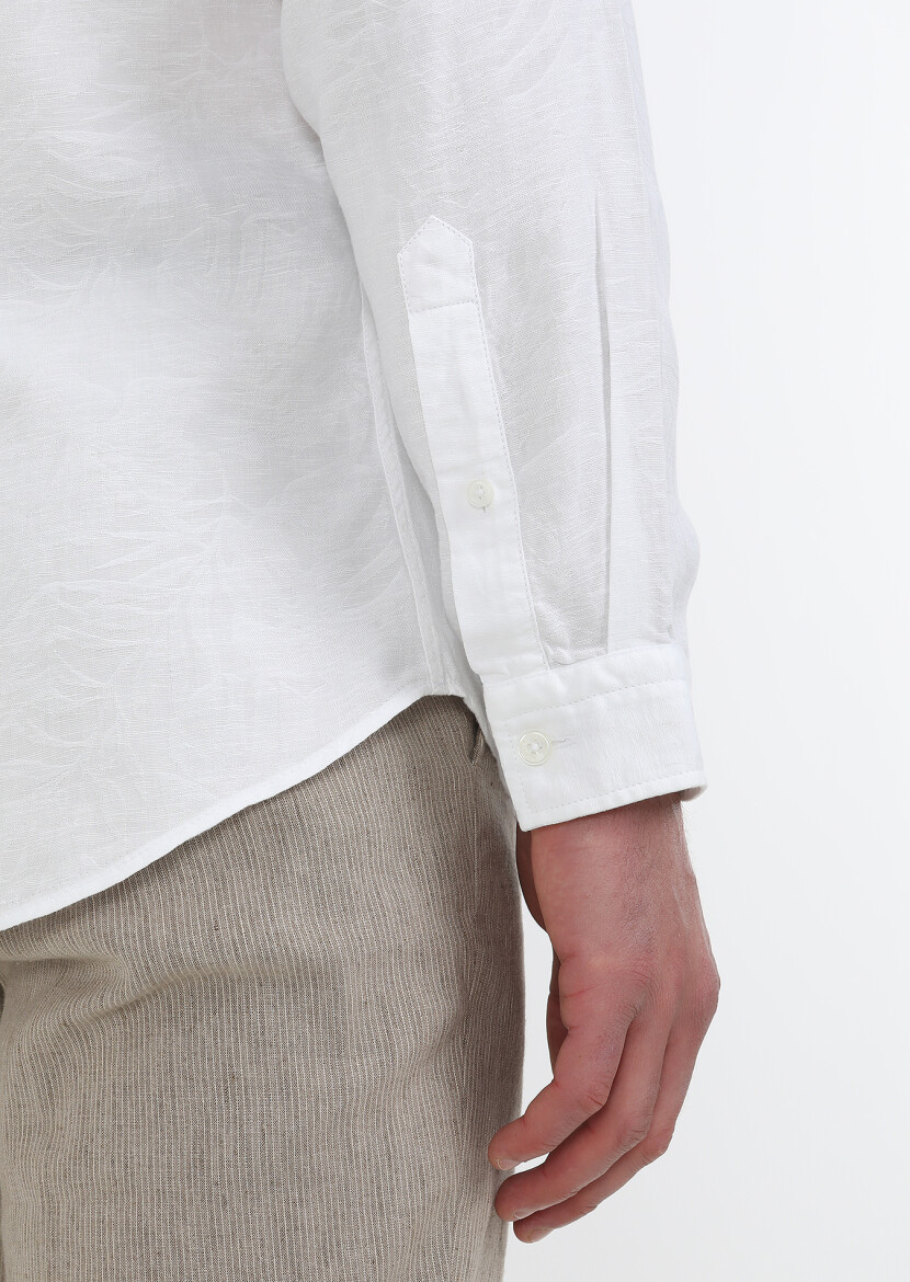 Beyaz Desenli Slim Fit Uzun Dokuma Casual Pamuk Karışımlı Gömlek - 5