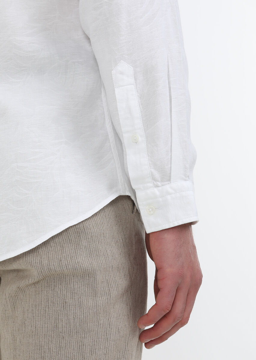 Beyaz Desenli Slim Fit Uzun Dokuma Casual Pamuk Karışımlı Gömlek - 5