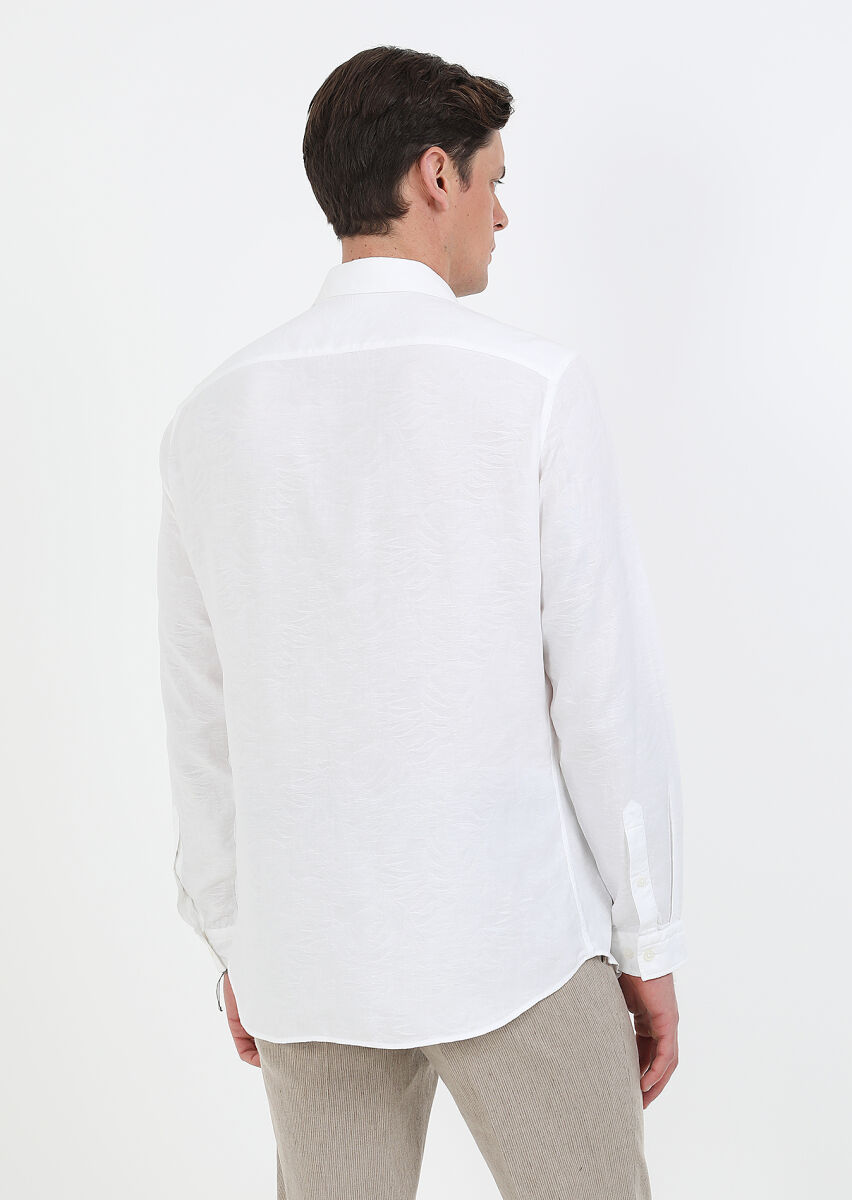 Beyaz Desenli Slim Fit Uzun Dokuma Casual Pamuk Karışımlı Gömlek - 7