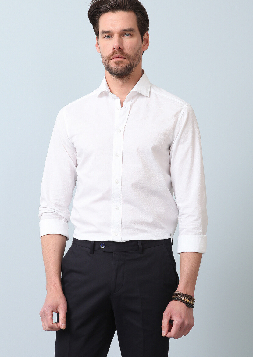 Beyaz Desenli Slim Fit Uzun Dokuma Casual Pamuk Karışımlı Gömlek - 3