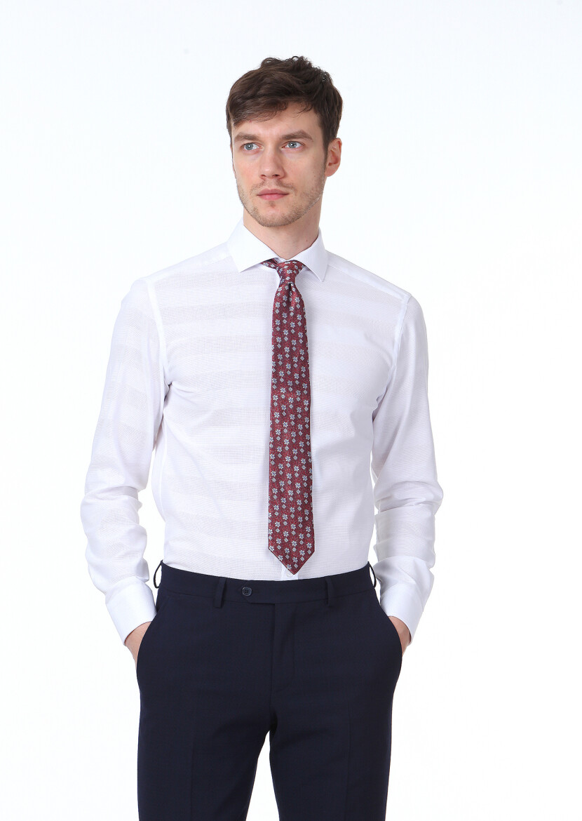 Beyaz Desenli Slim Fit Uzun Dokuma Klasik %100 Pamuk Gömlek - 1