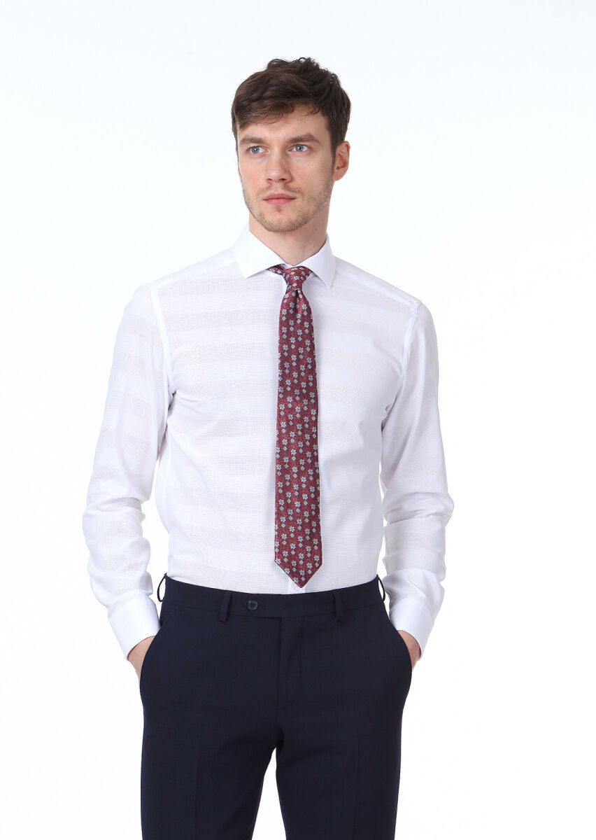 Beyaz Desenli Slim Fit Uzun Dokuma Klasik %100 Pamuk Gömlek - 1
