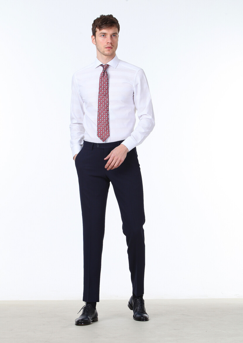Beyaz Desenli Slim Fit Uzun Dokuma Klasik %100 Pamuk Gömlek - 2