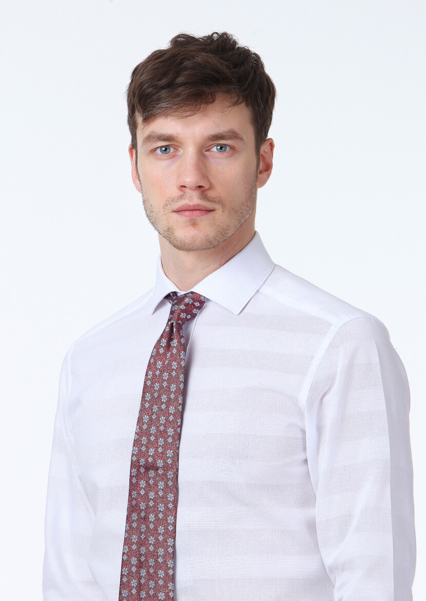 Beyaz Desenli Slim Fit Uzun Dokuma Klasik %100 Pamuk Gömlek - 3