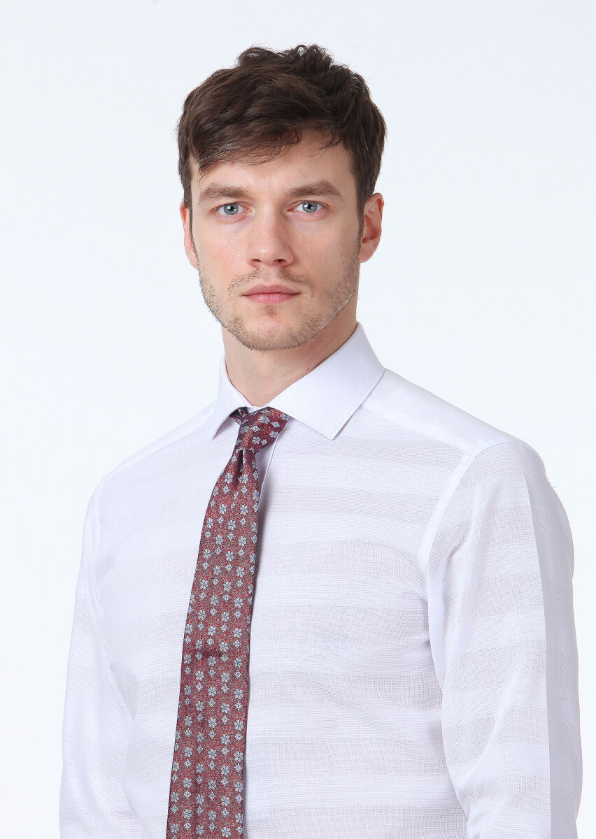 Beyaz Desenli Slim Fit Uzun Dokuma Klasik %100 Pamuk Gömlek - 3