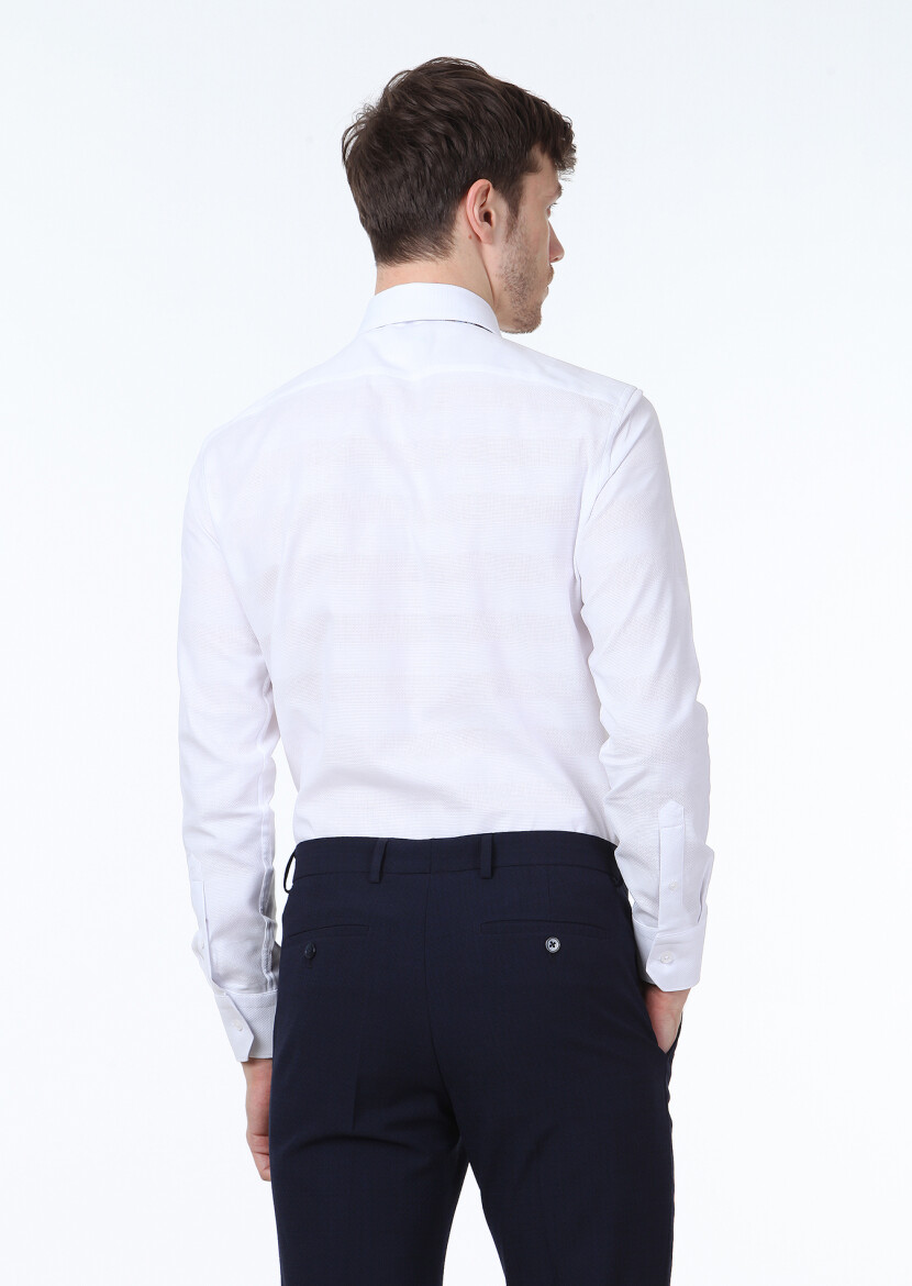 Beyaz Desenli Slim Fit Uzun Dokuma Klasik %100 Pamuk Gömlek - 4
