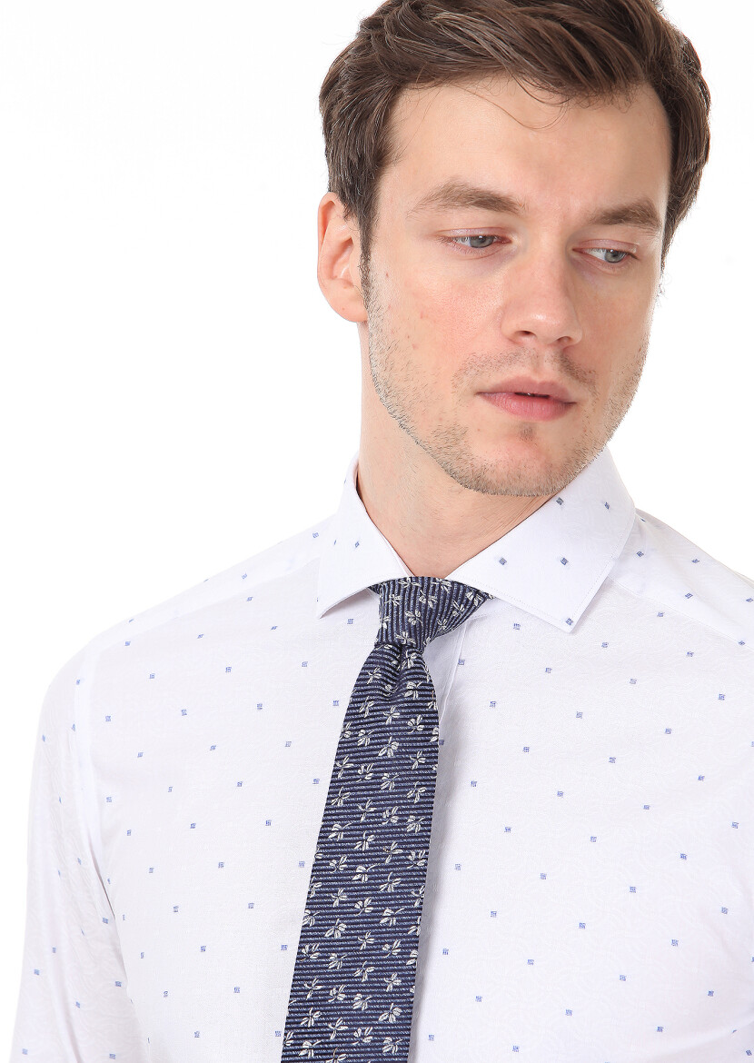 Beyaz Desenli Slim Fit Uzun Dokuma Klasik %100 Pamuk Gömlek 