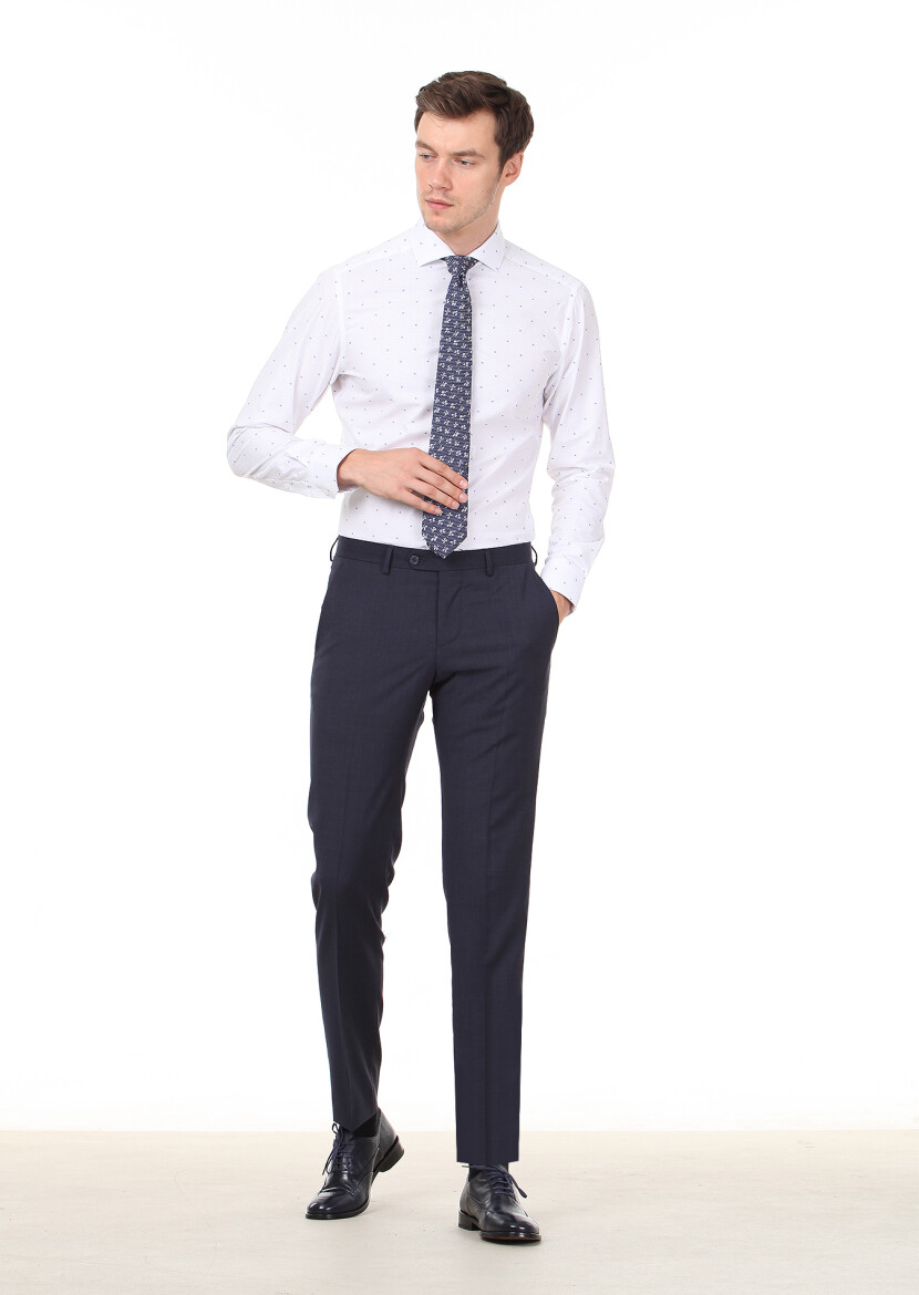 Beyaz Desenli Slim Fit Uzun Dokuma Klasik %100 Pamuk Gömlek - 3