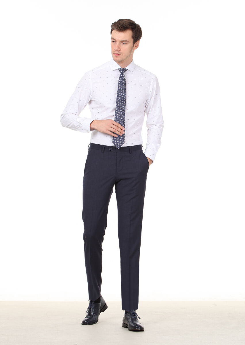 Beyaz Desenli Slim Fit Uzun Dokuma Klasik %100 Pamuk Gömlek - 3