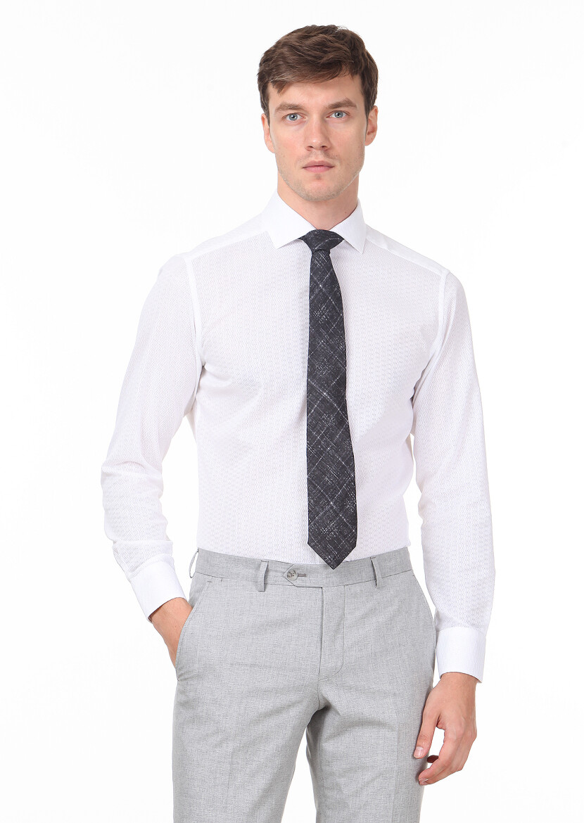 Beyaz Desenli Slim Fit Uzun Dokuma Klasik %100 Pamuk Gömlek - 1