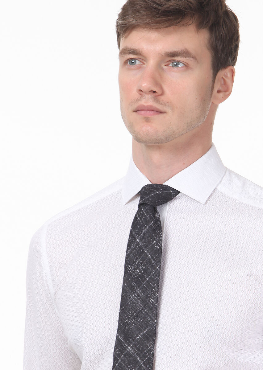 Beyaz Desenli Slim Fit Uzun Dokuma Klasik %100 Pamuk Gömlek - 2