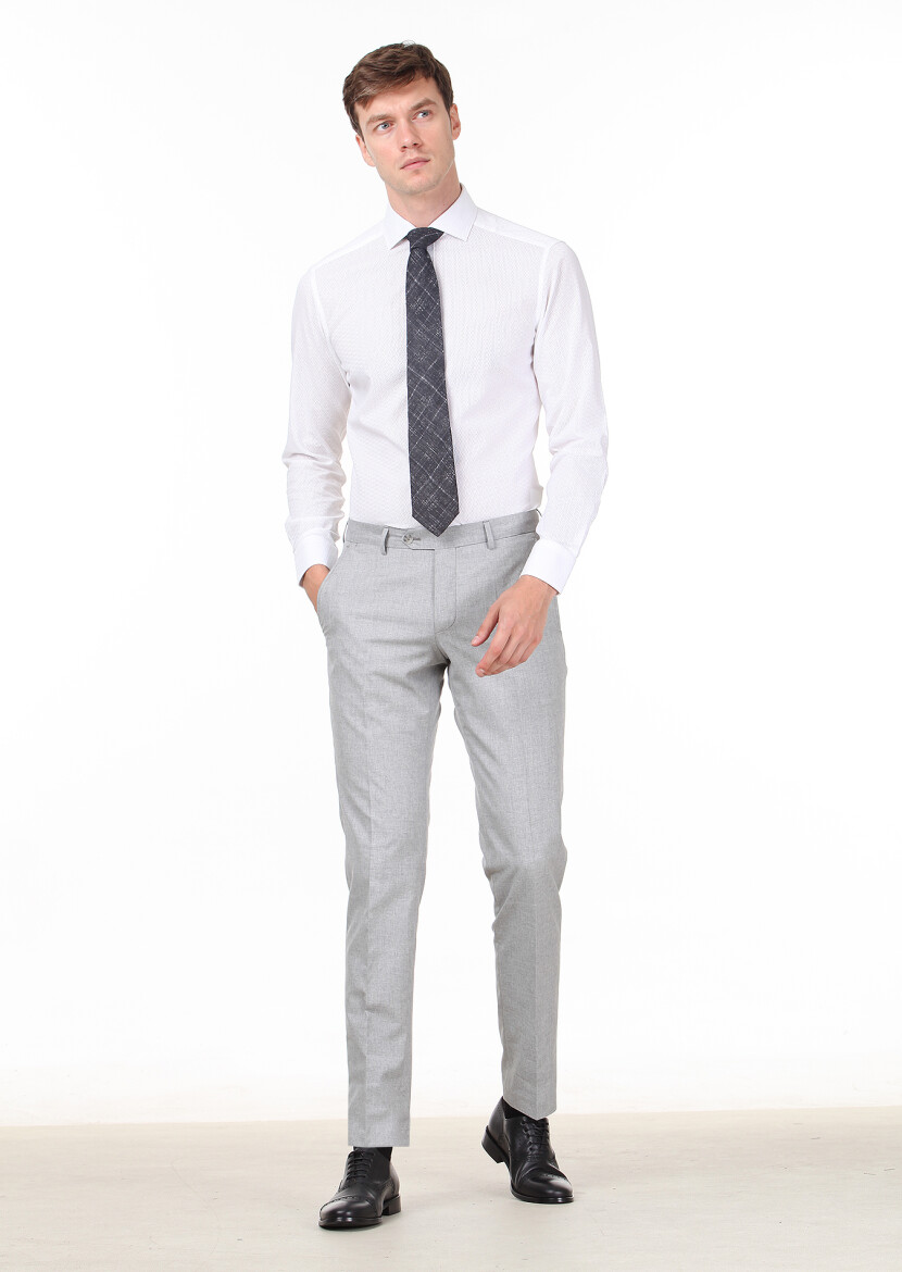 Beyaz Desenli Slim Fit Uzun Dokuma Klasik %100 Pamuk Gömlek - 3
