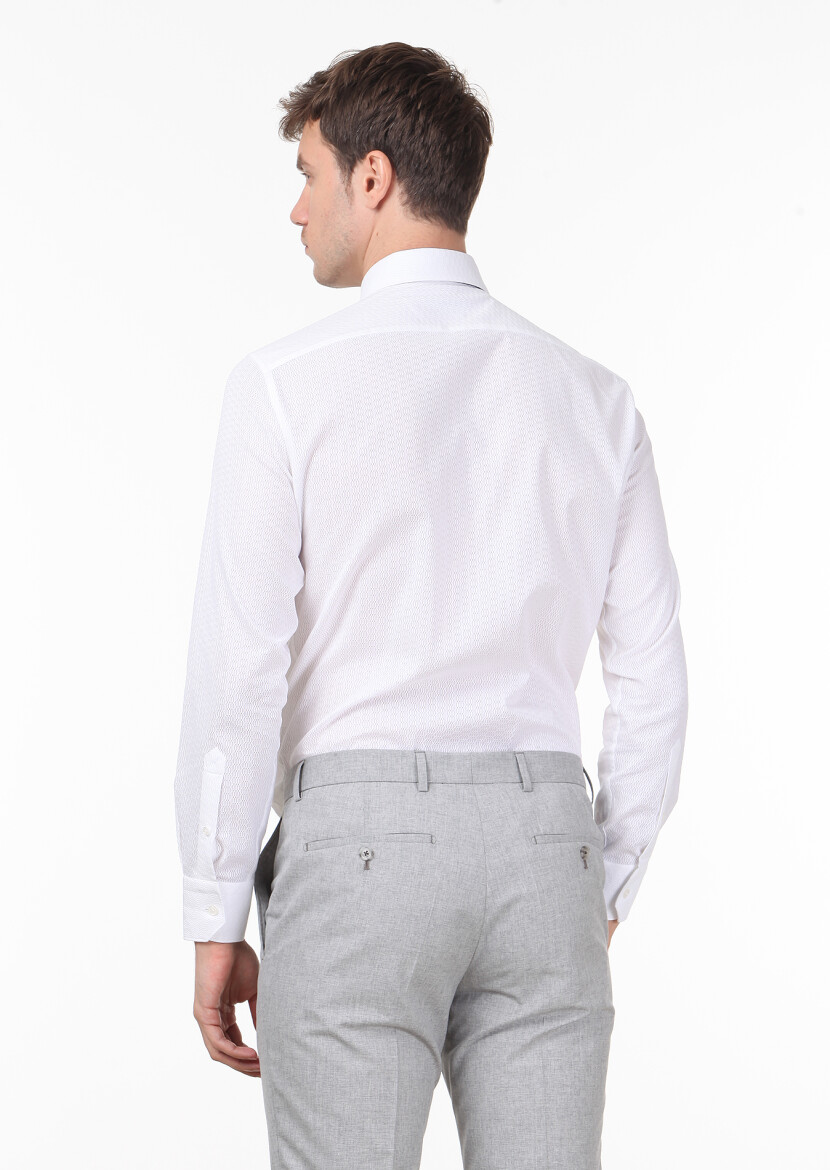 Beyaz Desenli Slim Fit Uzun Dokuma Klasik %100 Pamuk Gömlek - 4