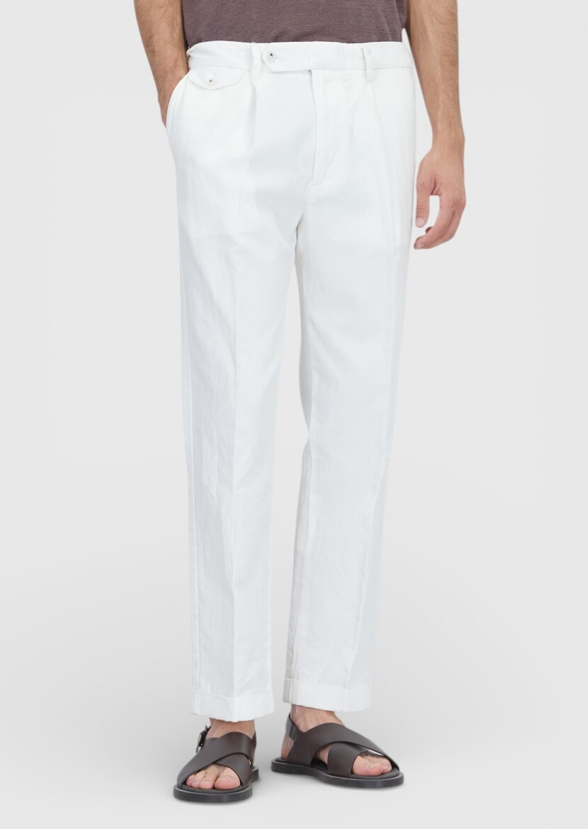 Beyaz Düz Dokuma Relaxed Fit Casual Pamuk Karışımlı Pantolon - RAMSEY